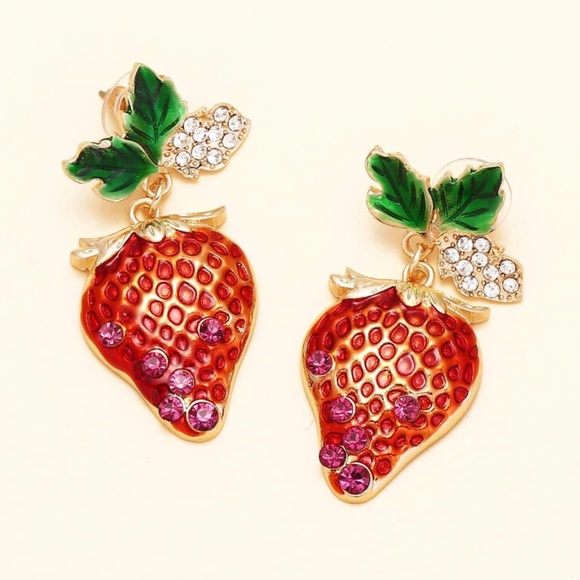 ❤️ FREE Strawberry Fruit Snack Hipster Rhinestone Modern Drop Berry Art Earrings - Picture 2 of 4